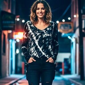 Young Fabulous & Broke Tie Dye Shirt‎ Women Small Black Long Sleeves Sheer Back